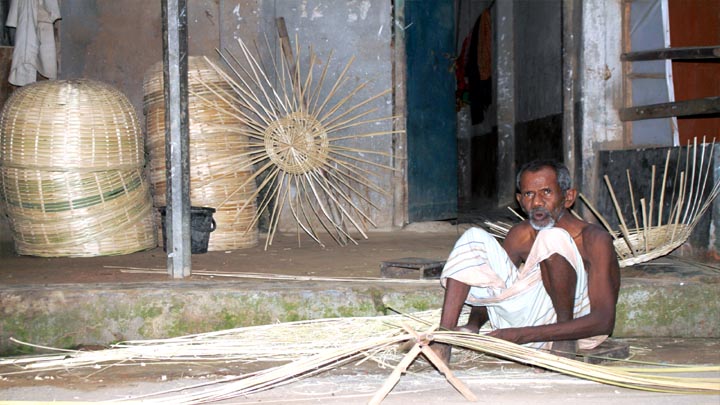 ফল সরবারহের ঝুড়ি তৈরীতে ব্যাস্ত  মাহালি সম্প্রদায়ের নারী-পুরুষরা